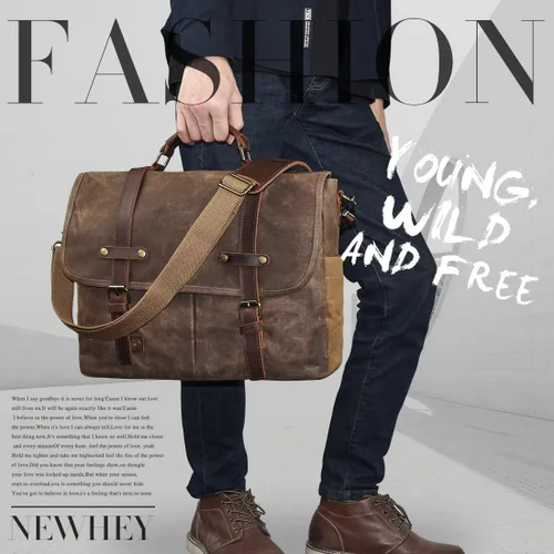 Miniatura 5 de Bolso mensajero para hombre de 15.6 pulgadas, impermeable, de cuero auténtico, encerado, maletín de lona grande, bolso de hombro de cuero resistente