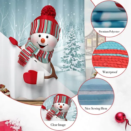 Miniatura 5 de BROSHAN Cortina de ducha de Navidad para niños, 72 x 78 pulgadas, juego de cortina de ducha de Navidad de tela con bonito patrón de muñeco de nieve