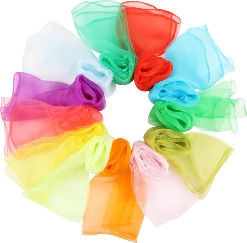 KIMOBER 12 bufandas cuadradas de baile, 12 colores malabares de seda, trucos de magia de música, accesorios para niños pequeños (24 x 24 pulgadas)
