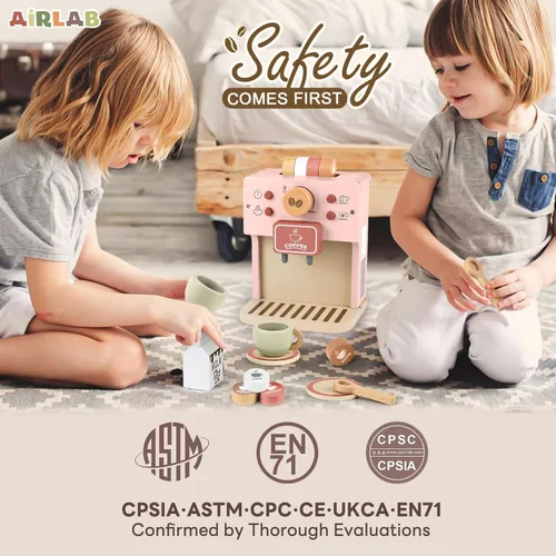 Miniatura 7 de Airlab Juego de café para niños, juego de cafetera de juguete para niños pequeños, accesorios de cocina de madera, juego de simulación para niñas