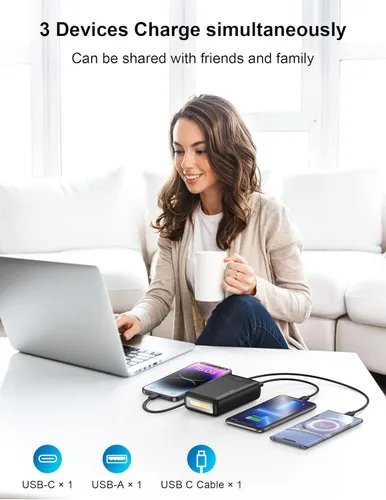 Miniatura 5 de Cargador portátil, 27000 mAh 22.5 W, cargador de batería de carga rápida con cable integrado, batería USB C con pantalla LED / luz flash, cargador
