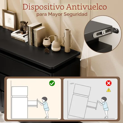 Miniatura 7 de Gyfimoie Cómoda Negra de 6 Cajones para Dormitorio, Cajonera Larga de 47.2" con Estación de Carga y Luces LED, Gabinete de Almacenamiento de Madera