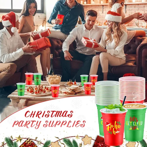 Miniatura 6 de Jinei 100 piezas de vasos desechables de Navidad de 16 onzas, vasos de plástico para fiesta de Navidad, café, chocolate caliente y bebidas frías