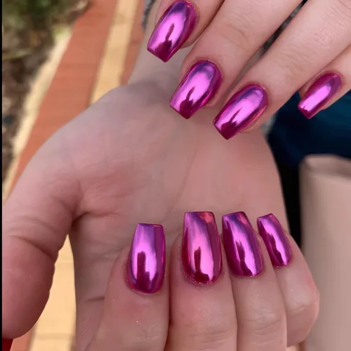 Miniatura 2 de Uñas Postizas Cuadradas de Cromo Púrpura Cortas Medianas para Presionar, KQueenest Uñas Acrílicas Falsas de Plateado Metálico Espejo para Presionar