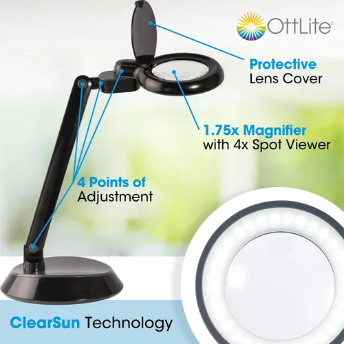 Miniatura 2 de OttLite Lámpara de escritorio LED con lupa que ahorra espacio, aumento de grado óptico, brazo ajustable, cabezal giratorio, portátil para viajar