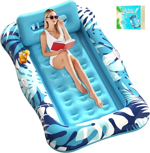 Pool Floats Adult,76" x 48" XL Inflatable Tanning Pool Lounger Float with Pillow,4 in 1 Suntan Tub Sunbathing Raft Floatie Water-Filled Mattress Azul