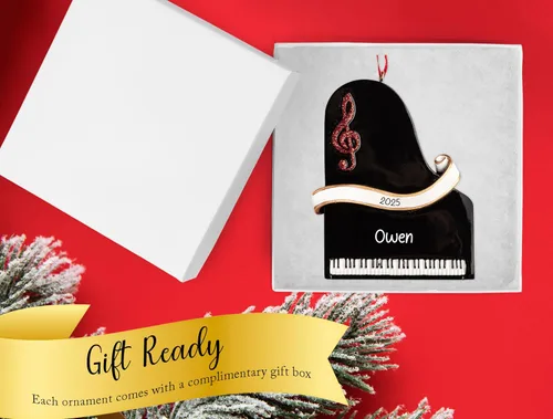 Miniatura 3 de Adorno navideño personalizado de instrumento musical de piano 2026 – Personalización gratuita Piano con clave de agudos con purpurina y cinta