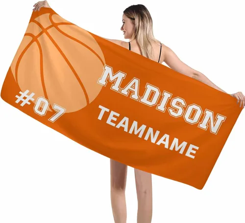 Interestprint Toalla de piscina con nombre personalizado para niños, adultos y hombres, toalla de playa naranja personalizada con número de