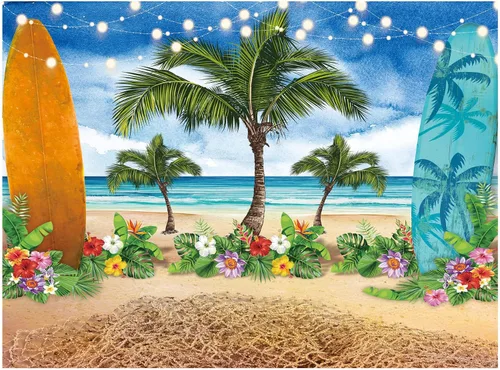 Miniatura 6 de Allenjoy Fondo de fotografía de verano para playa, océano, cielo azul, tabla de surf, palmeras tropicales, Luau para niños y niñas, decoración