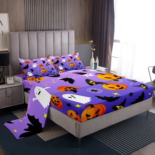 Miniatura 12 de Manfei Juego de sábanas de Halloween tamaño individual, juego de ropa de cama de farol de calabaza fantasmas para niños y niñas, decoración