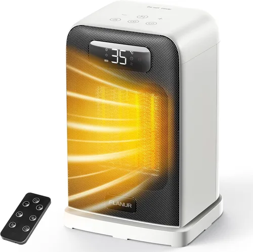 FLANUR Calentadores de espacio para uso en interiores, calentador de escritorio pequeño de 1500 W 2 en 1 con control remoto, termostato, pantalla