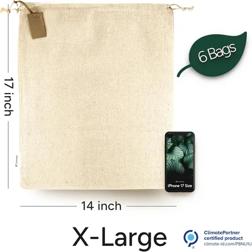 Miniatura 2 de LEAFICO Bolsas de almacenamiento de algodón, tamaño XL, 14 x 17 pulgadas (paquete de 6), bolsas de muselina reutilizables con cordones, bolsas