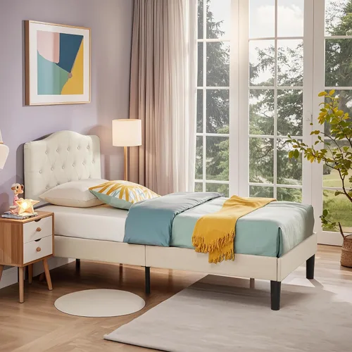 Miniatura 5 de VECELO Base de cama de plataforma de tamaño individual con cabecera tapizada de tela y soporte de listones de madera, no necesita somier/fácil