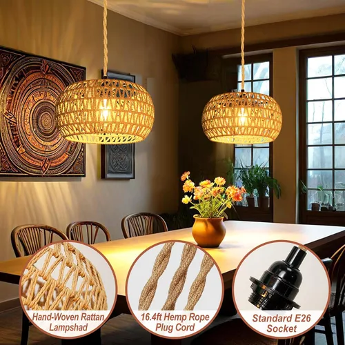 Miniatura 3 de Lámparas colgantes con cable enchufable, lámpara colgante de ratán, luz de techo boho, accesorios de iluminación colgante de granja, lámpara