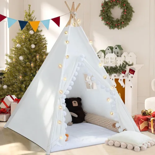 Miniatura 9 de WIRHAO Tienda de campaña tipi para niños con alfombrilla acolchada, lona de algodón, tipi con pompón para niños pequeños, tienda de campaña