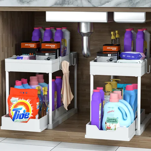 Miniatura 7 de MEAFBIRD Paquete de 2 organizadores para debajo del fregadero, organizador de gabinete de baño de 2 niveles con cesta deslizante, organizadores
