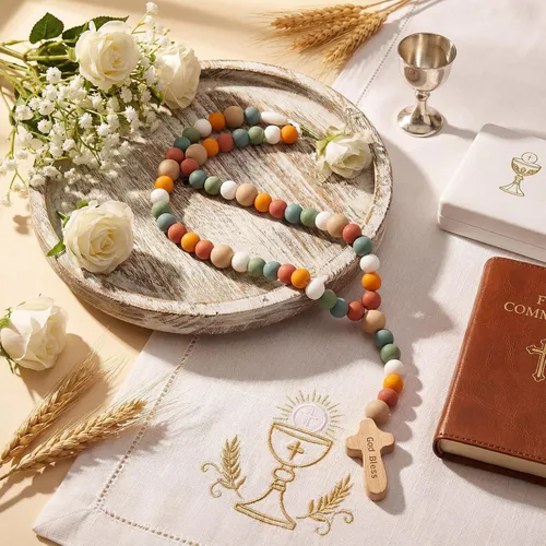 Miniatura 16 de Misdary Rosario de Bebé Regalo de Bautismo de Silicona Dios Bendiga a los Niños Primer Rosario con Cruz Suministros para Fiesta de Bautismo del 1er