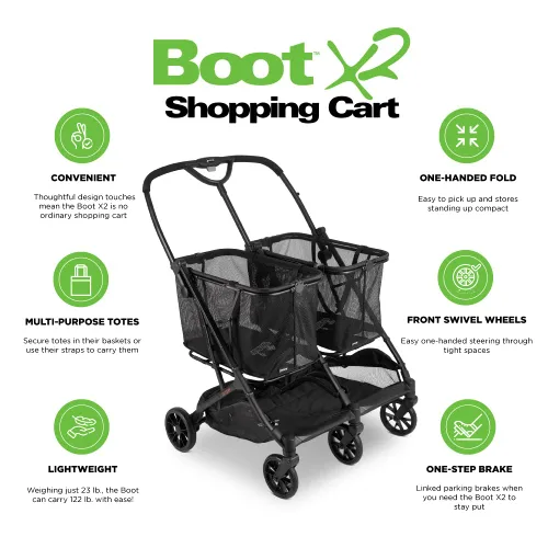 Miniatura 5 de Joovy Carrito de compras Boot X2 con capacidad de peso total de 122 libras, bolsas extraíbles dobles, neumáticos giratorios para una fácil