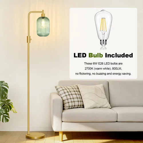 Miniatura 8 de 【Actualizada】Lámpara de pie de vidrio regulable para sala de estar, moderna lámpara de pie dorada con pantalla de vidrio acanalado verde y atenuador