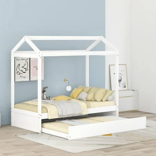 Miniatura 9 de Harper & Bright Designs Cama matrimonial con nido de tamaño individual, cama de madera de tamaño matrimonial con techo, ventanas y valla, marco