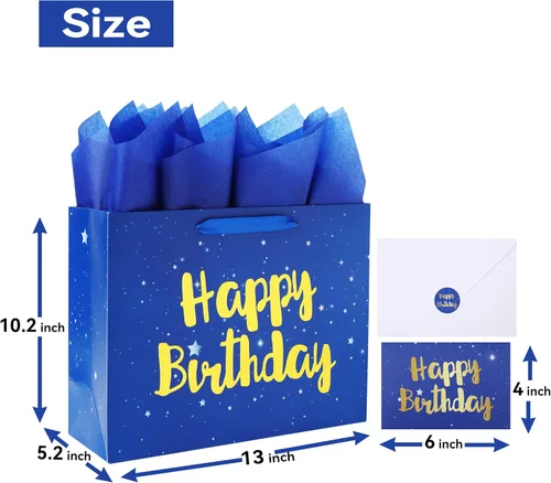 Miniatura 2 de Qirrmiy Juego de bolsa de regalo azul grande de 13 pulgadas con tarjeta de felicitación y papel de seda (estrellas y lámina dorada, feliz (L)Azul