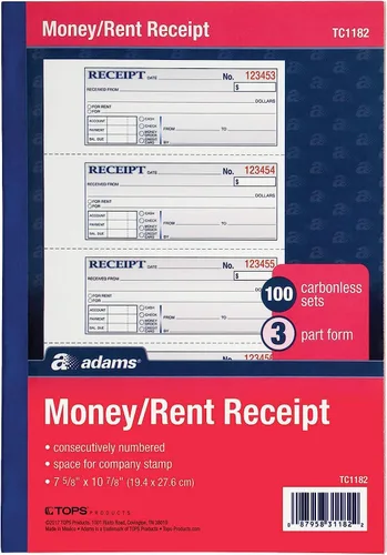 Adams Libro de recibos de dinero y alquiler, 3 partes, sin carbono, blanco/canario/rosa, 7 5/8 pulgadas x 10 7/8 pulgadas, 100 juegos por libro
