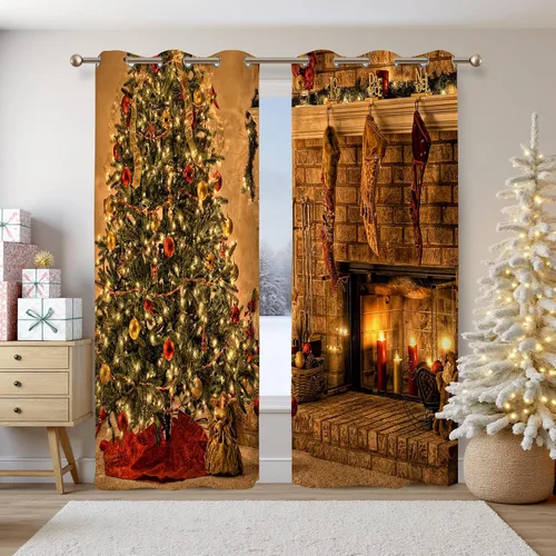 Miniatura 16 de Renaiss Cortinas opacas de Navidad con tablones de madera rústica para dormitorio, con ojales, estampado de copos de nieve navideños, cortinas