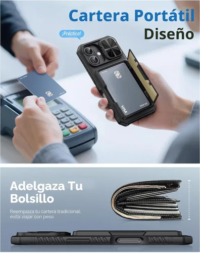 Miniatura 6 de ATATOO Funda tipo cartera para iPhone 17, tarjetero integrado (3-5 tarjetas), funda para cámara deslizante y bloqueo RFID, protección de grado Negro