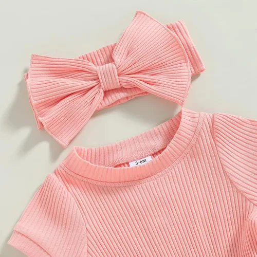 Miniatura 82 de Traje de verano para niña pequeña, de manga corta, acanalado, overol liso, pantalones cortos, ropa para recién nacidos