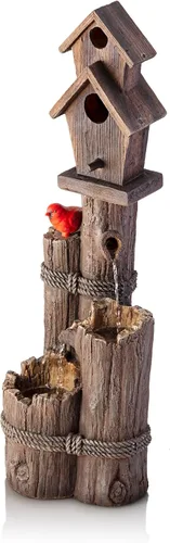 Miniatura 9 de Alpine Corporation Fuente de Agua para Pajareras de 3 Niveles de 35 Pulgadas de Alto para Exteriores con Acento de Cardenal, Decoración Rústica