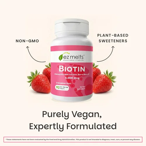 Miniatura 6 de EZ Melts Biotin, vitaminas solubles, 5 000 mcg, cero azúcar, sabor natural a fresa, libre de organismos genéticamente modificados, pastillas