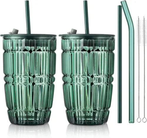 Joeyan Vaso verde de 14.5 onzas con tapa y pajita, tazas de vidrio para café helado a rayas, tarro de té de batido de color, bebidas portátiles de