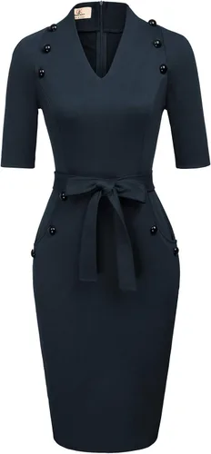 Vestido vintage de manga corta con cinturón para mujer, ajustado, pra la oficina