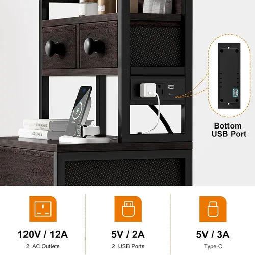 Miniatura 8 de REAHOME Mesita de noche de 41 pulgadas de alto con estación de carga, mesita de noche LED con 6 cajones de tela, mesa auxiliar de cama con estantes