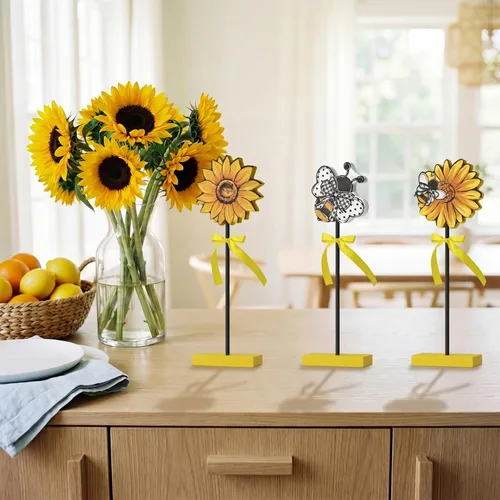 Miniatura 6 de Smile - 3 piezas de decoración de madera para interiores, estilo de abeja de girasol, centros de mesa de verano para el hogar, cocina, exhibición