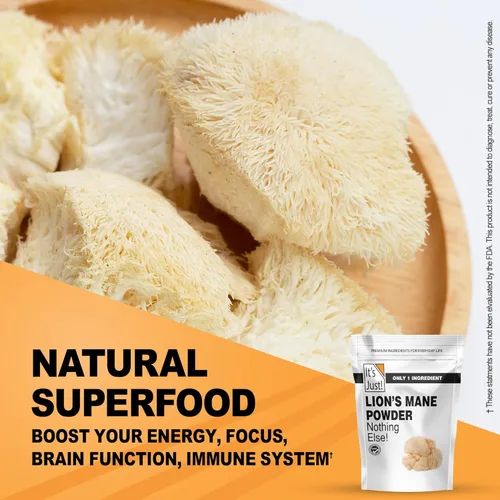 Miniatura 3 de It's Just! - Polvo de hongo de melena de león, superalimento crudo natural, apoyo cerebral, salud inmunológica, impulso de energía, sin OMG, 8 onzas