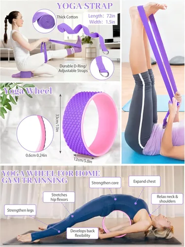 Miniatura 4 de Gemscream 17 piezas de kits esenciales de yoga para mujeres, juegos de equipos de pilates para principiantes con rueda de yoga, bloques de pelota