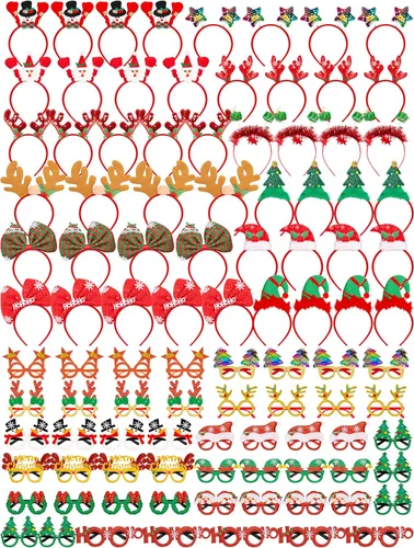 Miniatura 8 de Juego de 24 diademas de Navidad y marcos de gafas, recuerdos de fiesta de Navidad, lindo juego de anteojos con sombrero de Papá Noel, muñeco