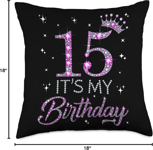Miniatura 4 de Happy 15 Years Old Teen Girls Birthday Gift Almohada de 15 coronas rosadas, feliz cumpleaños 15, 18 x 18 pulgadas, multicolor