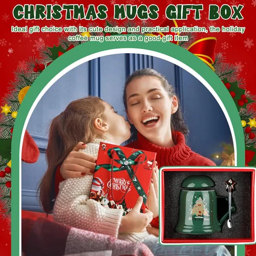 Miniatura 5 de Sliner Taza de Navidad de Cerámica Feliz Navidad Taza de Árbol de Navidad con Cuchara de Estrella y Tapa Taza de Santa para Regalos de Navidad