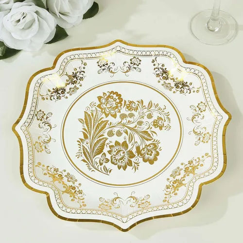Miniatura 4 de Efavormart - Paquete de 25 platos llanos de papel francés de 10 pulgadas, color blanco y dorado, 300 GSM, resistentes con borde festoneado