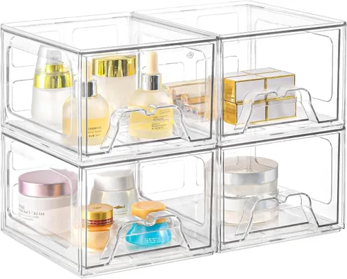 Juego de 4 cajones organizadores de maquillaje apilables, organizadores de plástico transparente para suministros de belleza, ideal para tocador,