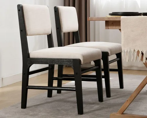 Miniatura 5 de HNY Juego de 2 sillas de comedor de lino beige con marco de madera negra, silla de cocina tapizada de tela moderna con respaldo rectangular, sillas