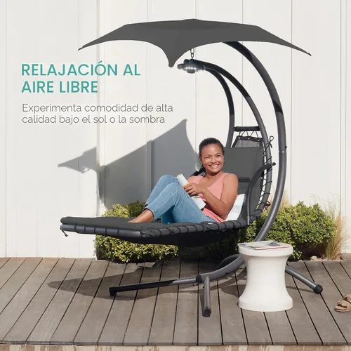 Miniatura 8 de Best Choice Products Silla colgante curva de acero para exterior, silla de descanso tipo chaise lounge con cojín integrado y toldo extraíble - Gris