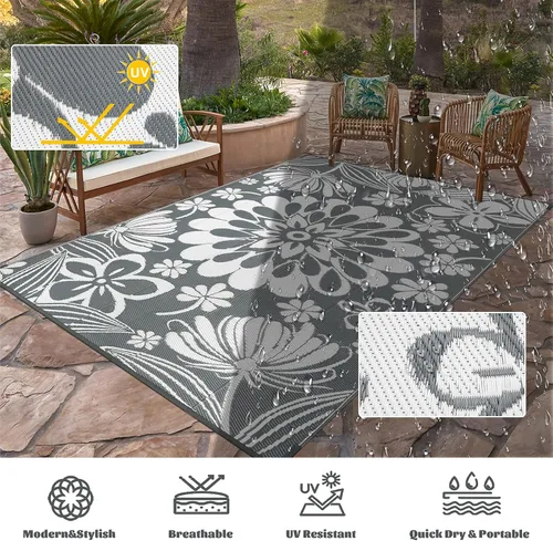 Miniatura 4 de Ileading Alfombra de paja de plástico para exteriores, 5 x 8 pies, divertido estilo floral, reversible, impermeable, no se desprende, alfombras