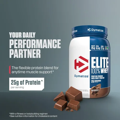 Miniatura 2 de Dymatize Elite Proteína de suero 100% en polvo, Chocolate, 25g de proteína, 5.5g de BCAA, Menos de 140 calorías, Sin gluten, 3g de carbohidratos, 2g