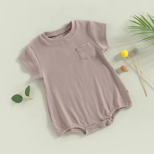 Miniatura 2 de KMBANGI Mameluco de manga corta con cuello redondo de punto acanalado de color sólido para bebé, niña y niño, traje de verano de una pieza