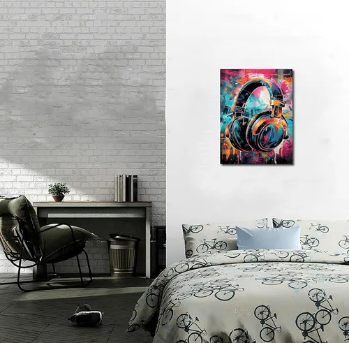 Miniatura 9 de KDKJTOP Cuadro colorido de auriculares, arte de pared en lienzo con graffiti para auriculares, 12 x 16 pulgadas/11.8 x 15.7 in, arte de pared