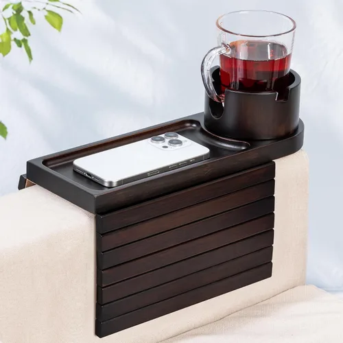Miniatura 11 de Soporte de taza para sofá para reposabrazos de más de 4.9 pulgadas de ancho, bandeja de brazo de sofá de madera de acacia con soporte de taza