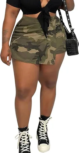 Famnbro Pantalones cortos de camuflaje para mujer, de longitud media, rasgados, de camuflaje, de cintura alta, pantalones cortos de mezclilla